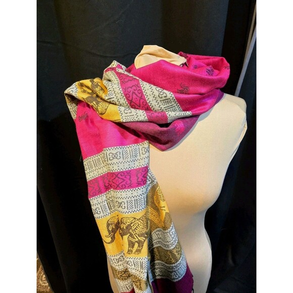 Accessories - Pashmina Cashmere Shawl Wrap Scarf Pink Gold Black Fringe Elephants